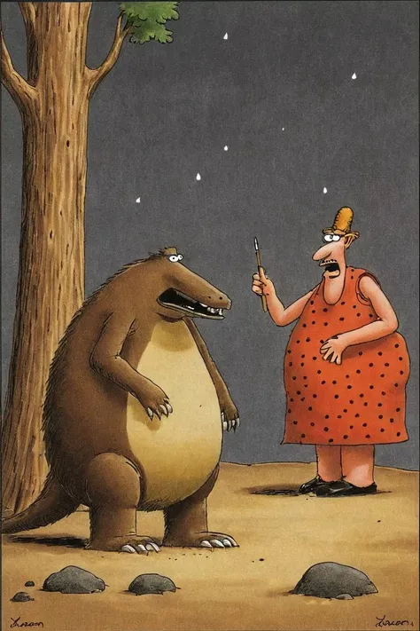 a color far side comic strip illustration of  a Coryphodon by Gary Larson, <lora:Gary_Larson_Style_XL_Color_Far_side-000005:1>