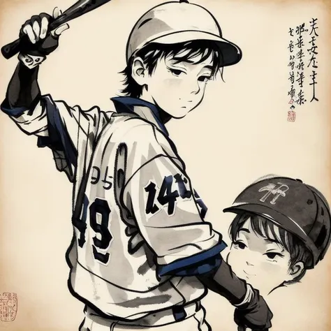 young boy playing baseball, traditional chinese ink painting,  <lora:Moxin_10:0.8>