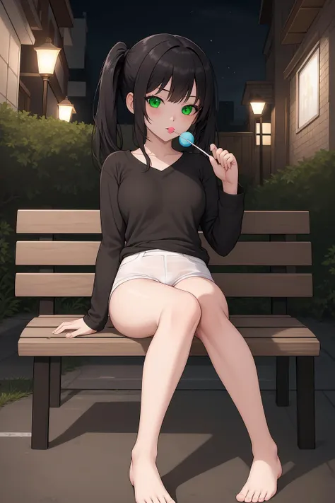 anime girl sitting on a bench eating a lollipop