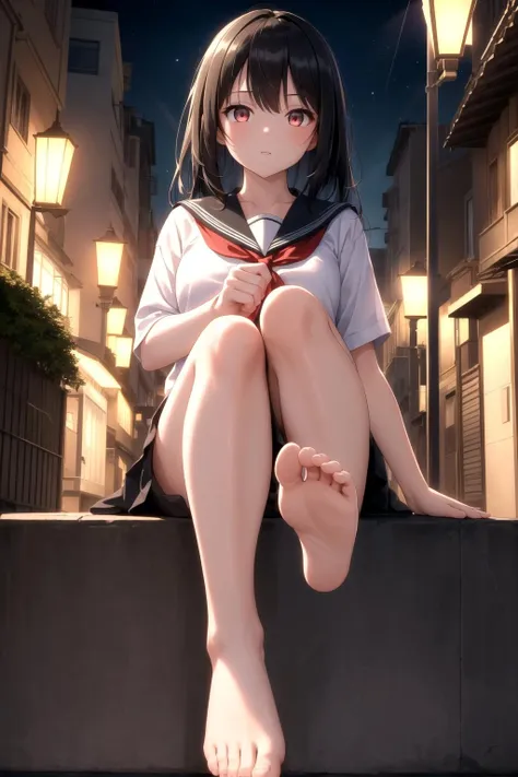 anime girl sitting on ledge with bare feet in city at night