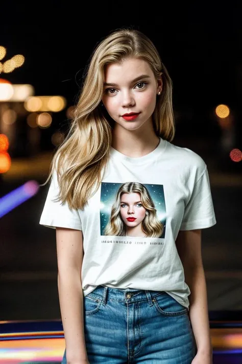 photo of beautiful (Any4T4yl0rJ0y_HM-135:0.99), blonde, a woman, perfect hair, smiling, (modern photo), wearing a (crew neck t-shirt:1.2) and long pants with jewelry, portrait, 85mm, (analog, cinematic, film grain:1.3), (Holographic Amusement Park, Park wi...