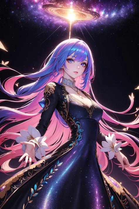 a woman with long hair and a dress in front of a star filled sky