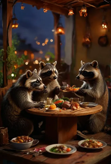 a group of raccoons in the restaurant gather around a table eating gourmet food, <lora:MJ52:0.5>, <lora:LaxpeintXL-2.0:0.5> <lora:casting shadow style:1> ,<lora:detailed_notrigger:1>, <lora:sinfully_stylish_SDKL:1>