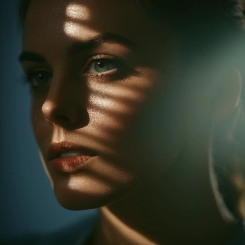 a close up of a woman with a dark background and a light coming through her eyes