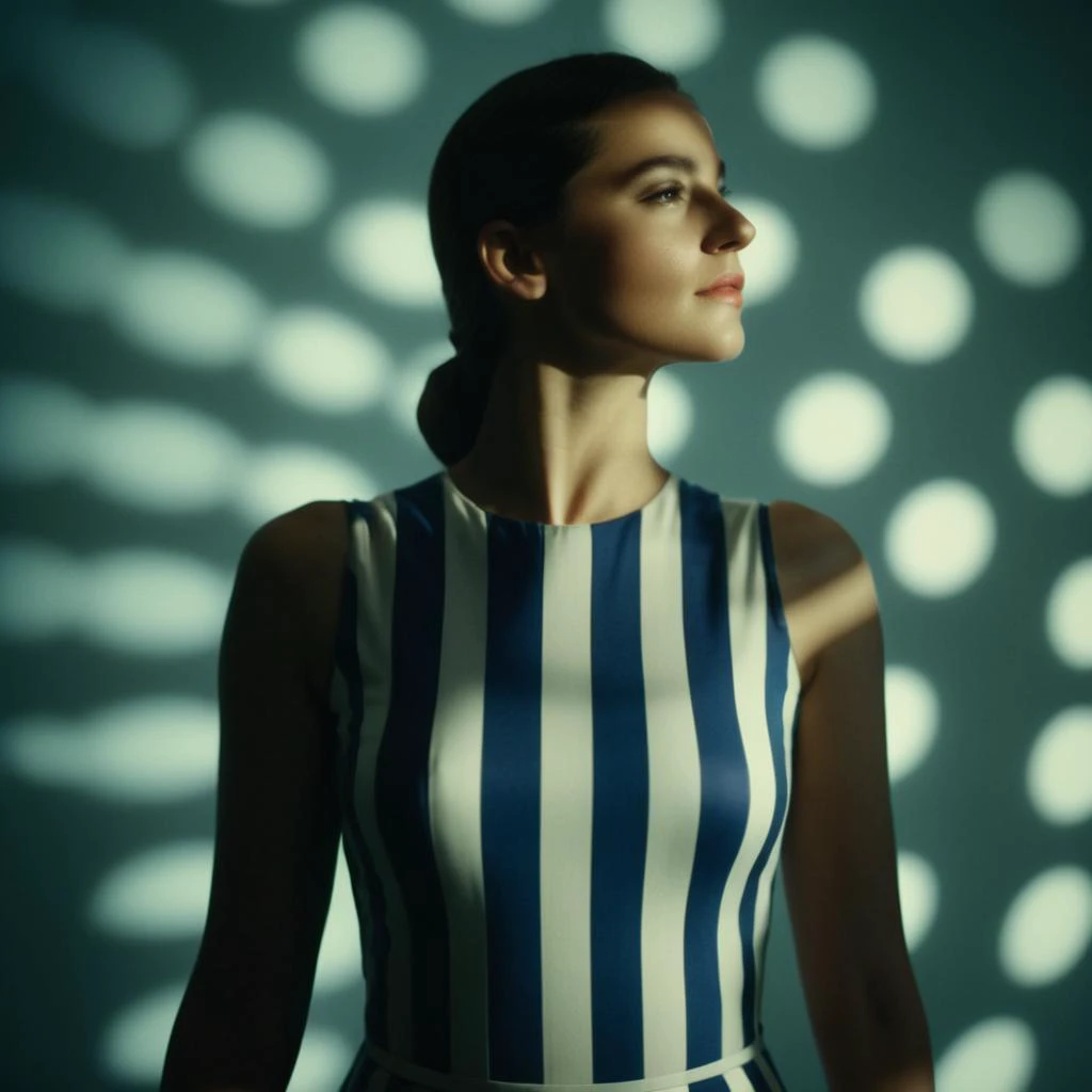 a woman in a striped dress standing in front of a wall