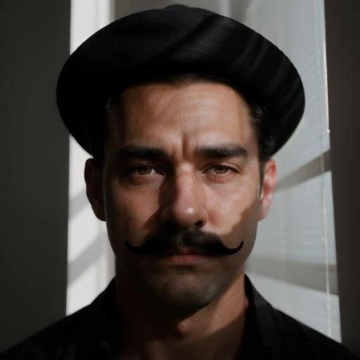 a close up of a man with a mustache and a hat