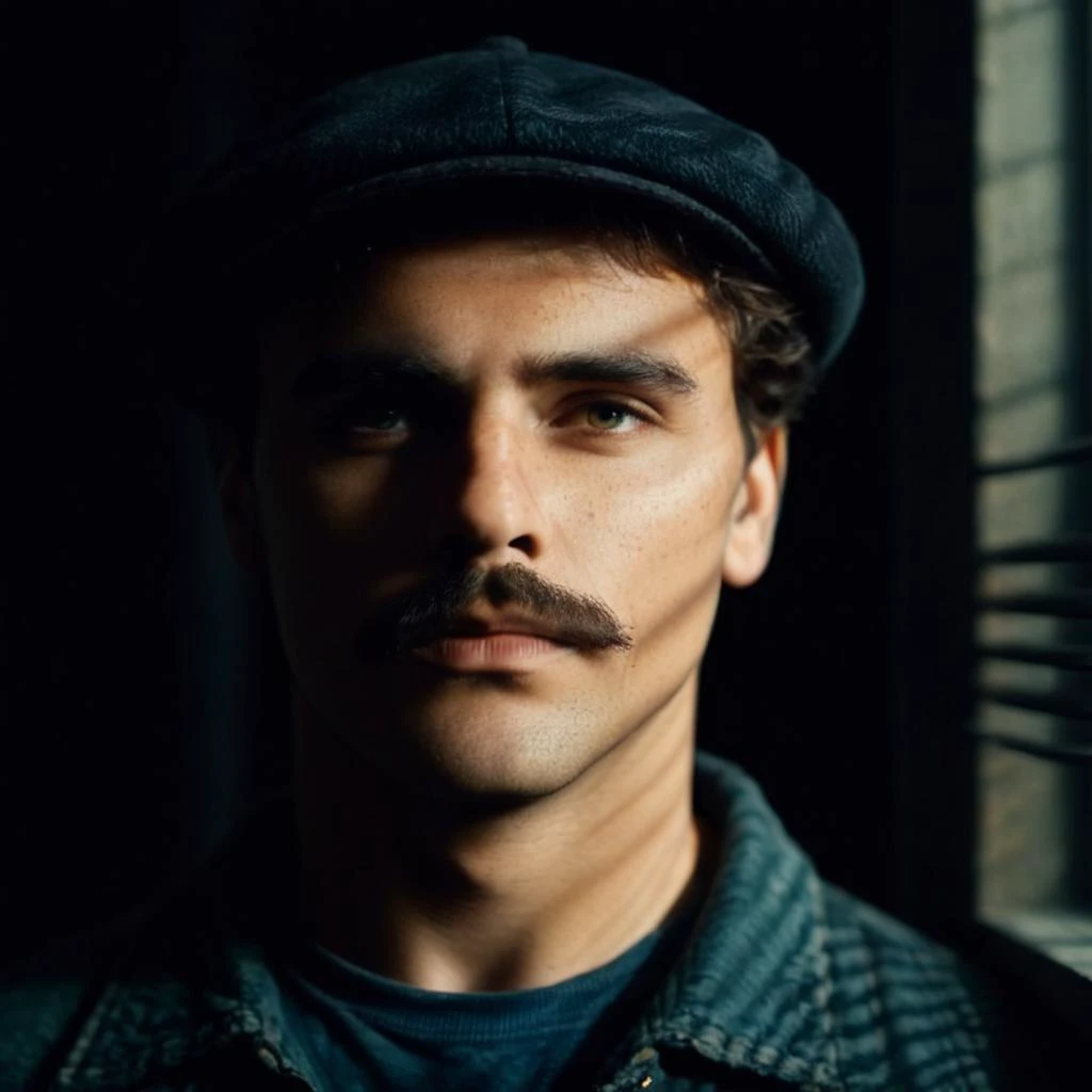 a close up of a man with a mustache and a hat