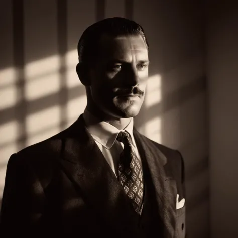 cinematic film still of <lora:casting shadow style v2:1>
A cucoloris patterned illumination casting a diagonal shadow on a 1940sman in a suit and tie standing in a room , casting shadow style, shallow depth of field, vignette, highly detailed, high budget...