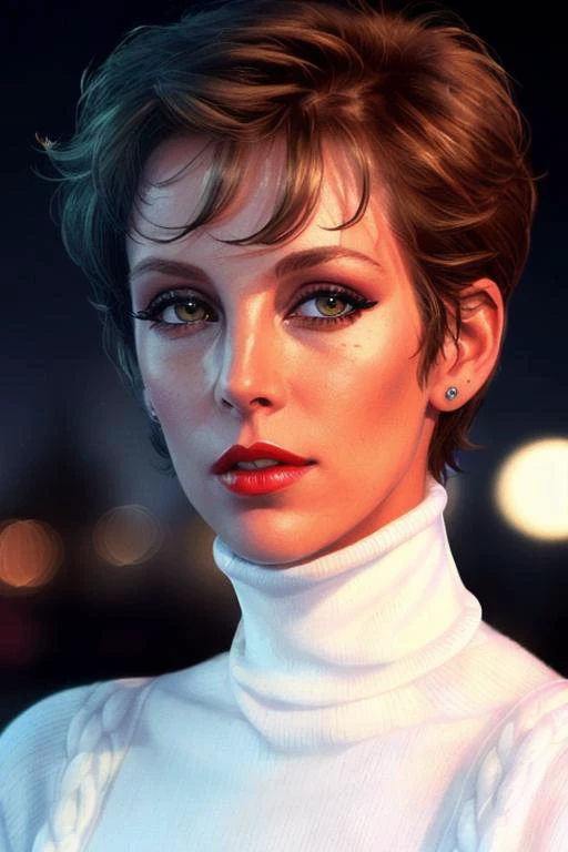 photo of beautiful jamielc-1904:0.99, a woman, ((short hair, pixie cut)), ((outdoors, city street, at night):1.2), ((turtleneck sweater):1.2), ((red lips, eye shadow, eyeliner):1.1), ((closeup, portrait):1.1) ((best quality, masterpiece):1.2), (photorealis...