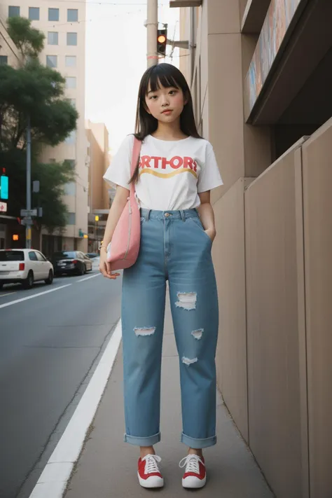 a woman standing on a sidewalk with a pink bag and a white shirt