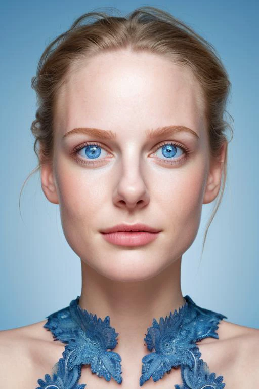 a woman with blue eyes and a blue dress with blue flowers on it