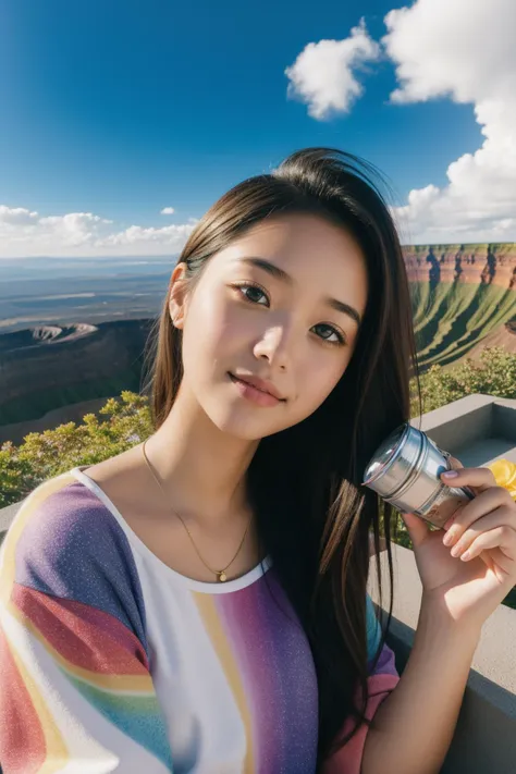 a woman holding a can of soda in front of a mountain