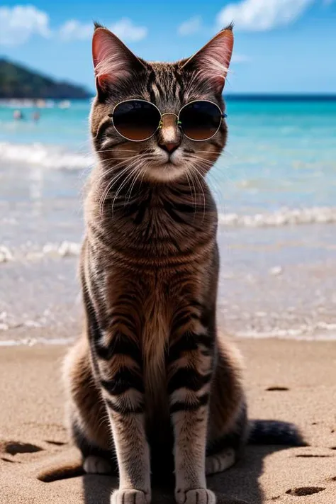 araffe cat wearing sunglasses sitting on the beach near the ocean