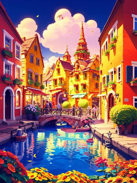 Masterpiece,Best quality,Highres,Extremely detailed 8k wallpaper,Very clear,<lora:Rui2.5Dcartoon_V2:1>,a small european town full of flowers,harbor,