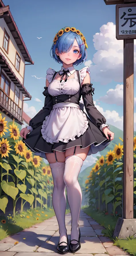 (masterpiece),(intricate details),1girl,mature female,large breasts
BREAK
rezerorem, <lora:remtest:0.7>, rem, blue eyes, blue hair, hair ornament, hair over one eye, hair ribbon, short hair, x hair ornament, BREAK apron, black ribbon, black skirt, black sl...
