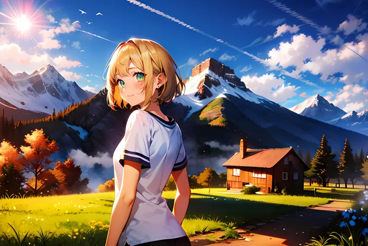 anime girl in a field with a mountain in the background