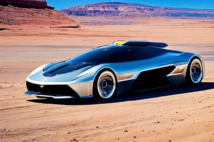 a close up of a silver and black sports car on a desert road