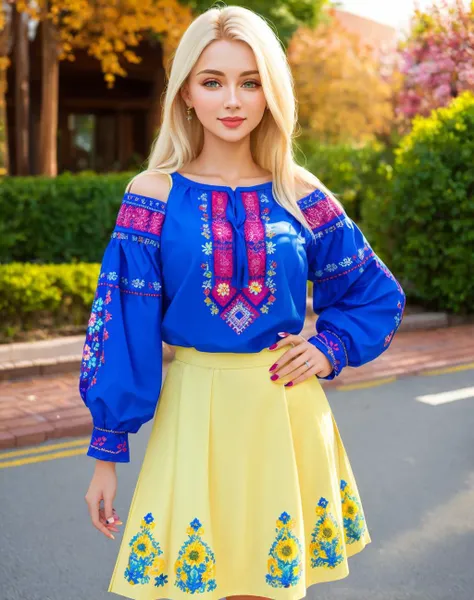 4K, Masterpiece, highres, absurdres,natural volumetric lighting and best shadows,highly detailed face, highly detailed facial features, smiling, edgVyshivanka style embroidery, wearing edgVyshivanka, 1girl, solo, long hair, skirt, shirt, blonde hair,blue e...