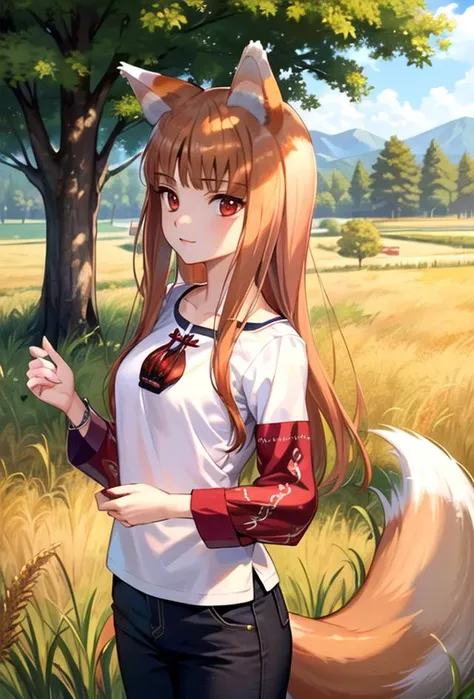 anime girl with long hair and a red and white shirt standing in a field