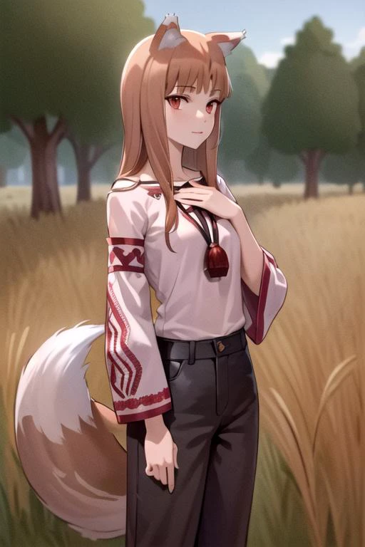 anime girl with long hair and a red collared shirt standing in a field