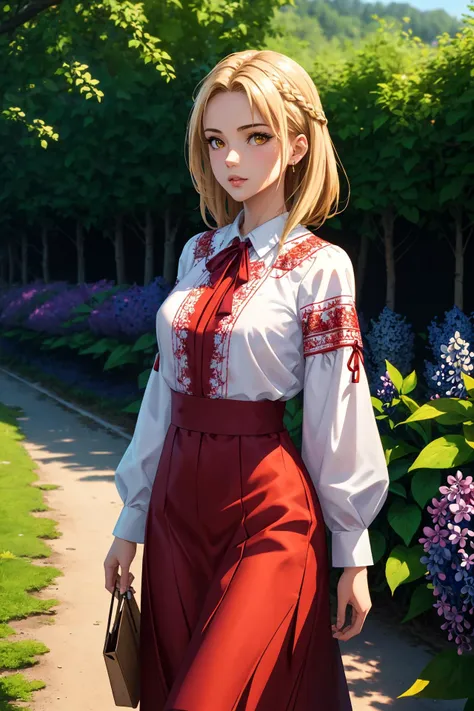 anime girl in red skirt and white blouse walking down a path