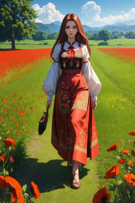 a woman in a red dress walking through a field of flowers