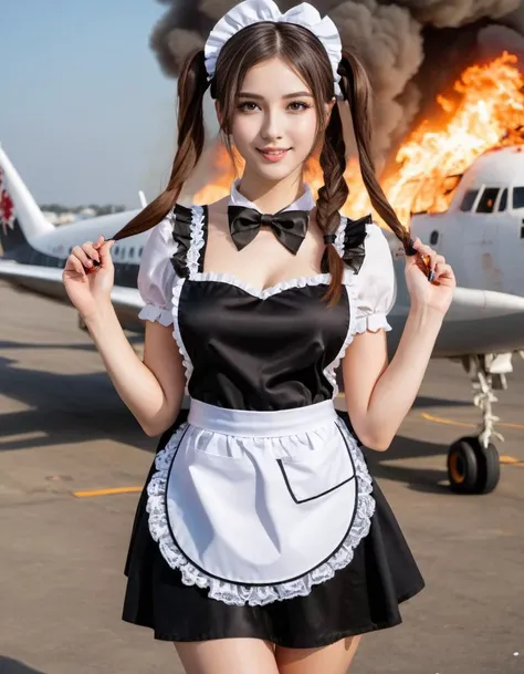 a woman in a maid outfit standing in front of a plane