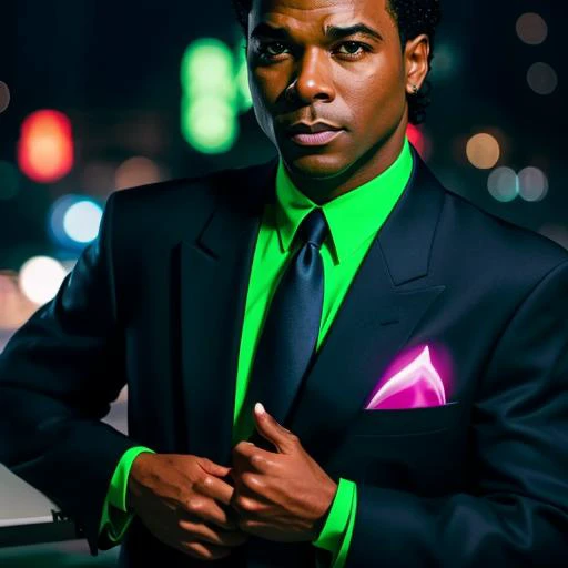 (masterpiece), best quality, ultra high res, medium shot, walking pose, cyberpunk style, photo of a (young) handsome (smile512:0.5) rico_tubbs man in suit in tie, black Ferrariin background, action movie, rule of thirds, night city,(neon lights), photon ma...