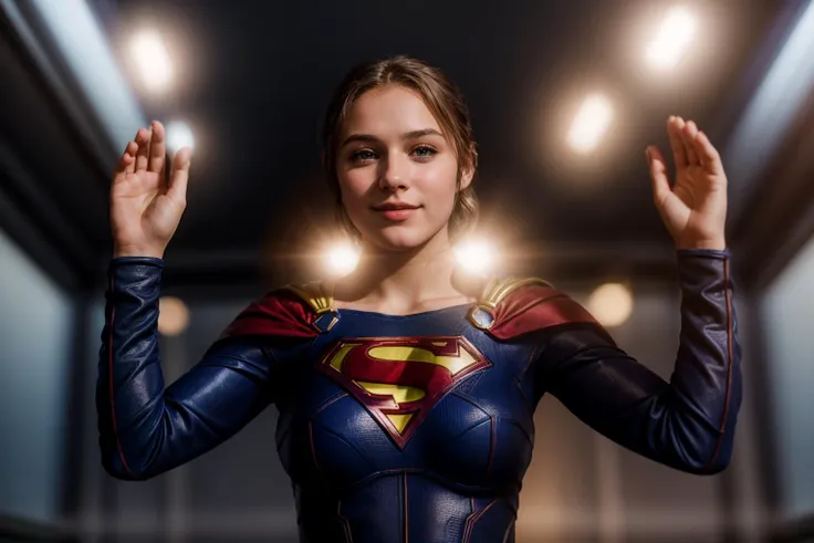 dc movies,photo of a 18 year old girl,supergirl,clapping hands,happy,ray tracing,detail shadow,shot on fujifilm x-t4,85mm f1.2,s...