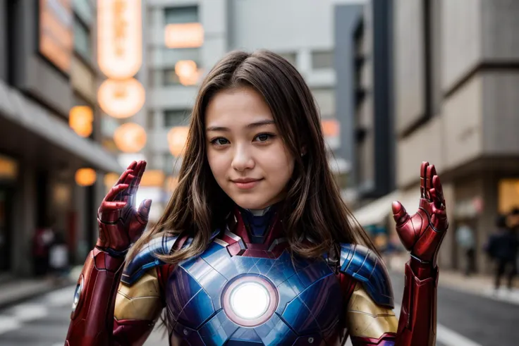 marvel movies,photo of a 18 year old girl,ironman,clapping hands,happy,outdoor,windy,on the street,tokyo,ray tracing,detail shad...