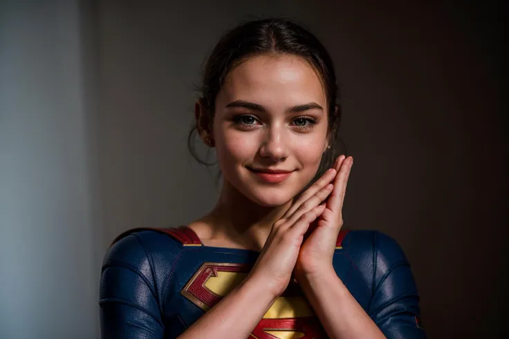 dc movies,photo of a 18 year old girl,supergirl,happy,clapping hands,ray tracing,detail shadow,shot on fujifilm x-t4,85mm f1.2,s...