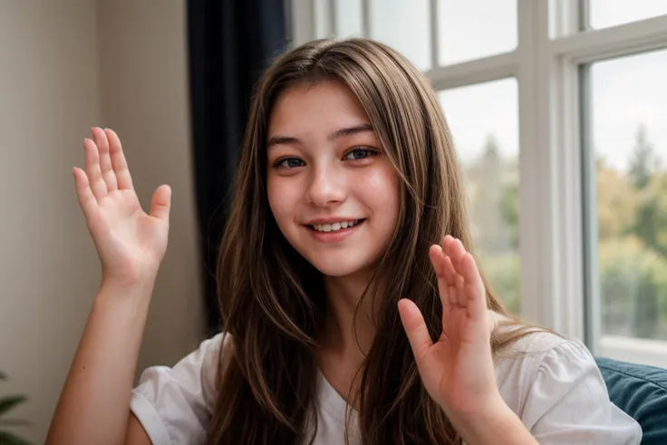 photo of a 18 year old girl,clapping hands,happy,laughing,facing viewer,ray tracing,detail shadow,shot on fujifilm x-t4,85mm f1....