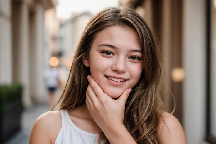 photo of a 18 year old girl,clapping hands,happy,laughing,facing viewer,ray tracing,detail shadow,shot on fujifilm x-t4,85mm f1....