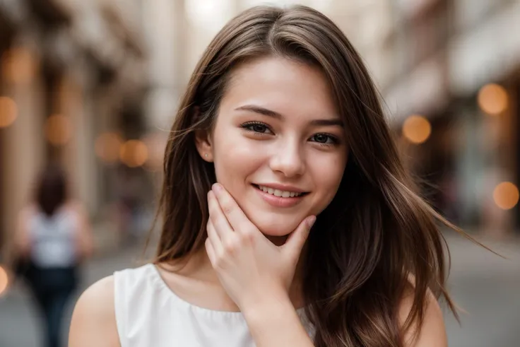 photo of a 25 year old girl,clapping hands,happy,laughing,facing viewer,ray tracing,detail shadow,shot on fujifilm x-t4,85mm f1....