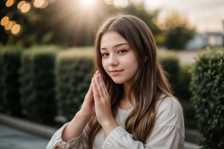 photo of a 18 year old girl,clapping hands,happy,ray tracing,detail shadow,shot on fujifilm x-t4,85mm f1.2,sharp focus,depth of ...