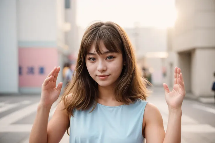 1980s,photo of a 18 year old girl,clapping hands,happy,casual clothes,outdoor,windy,on the street,tokyo,ray tracing,detail shado...