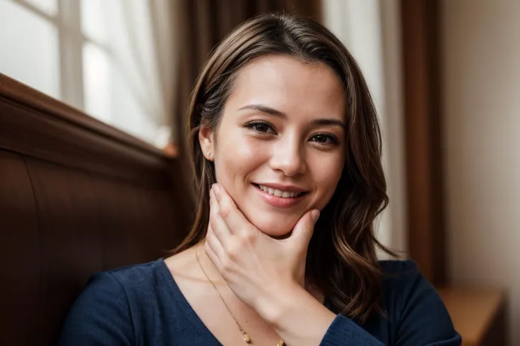 photo of a 35 year old girl,clapping hands,happy,laughing,facing viewer,ray tracing,detail shadow,shot on fujifilm x-t4,85mm f1....