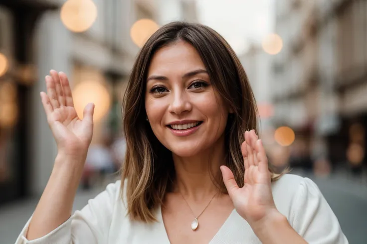 photo of a 40 year old girl,clapping hands,happy,laughing,facing viewer,ray tracing,detail shadow,shot on fujifilm x-t4,85mm f1....