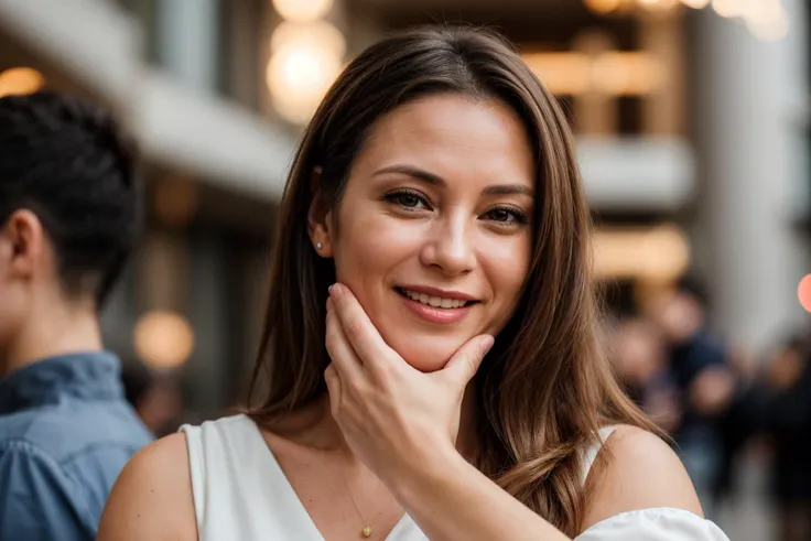 photo of a 40 year old girl,clapping hands,happy,laughing,facing viewer,ray tracing,detail shadow,shot on Fujifilm X-T4,85mm f1.2,depth of field,bokeh,motion blur,<lora:add_detail:1>,