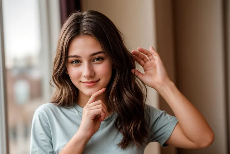 photo of a 18 year old girl,clapping hands,happy,shirt,pants,ray tracing,detail shadow,shot on fujifilm x-t4,85mm f1.2,depth of ...