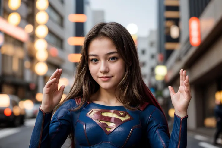 dc movies,photo of a 18 year old girl,supergirl,clapping hands,happy,outdoor,windy,on the street,tokyo,ray tracing,detail shadow...