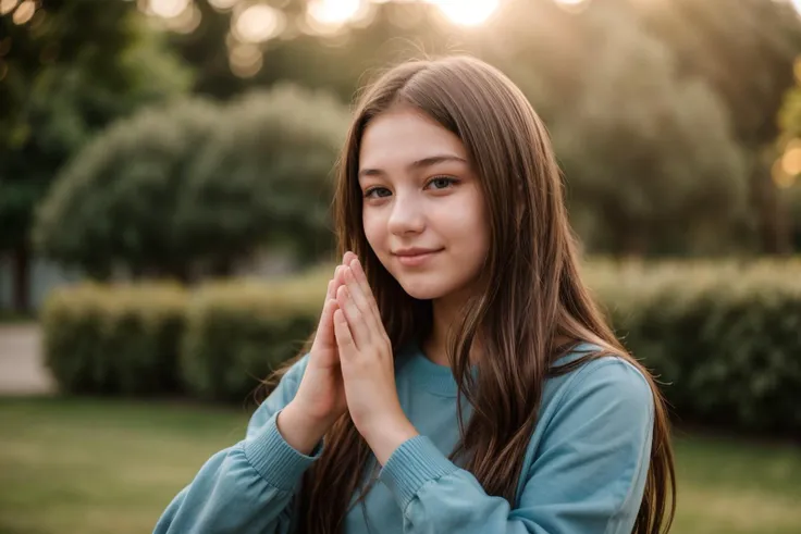 photo of a 18 year old girl,clapping hands,happy,ray tracing,detail shadow,shot on fujifilm x-t4,85mm f1.2,sharp focus,depth of ...