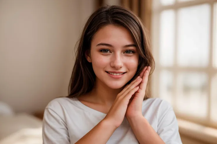 photo of a 18 year old girl,happy,laughing,clapping hands,shirt,ray tracing,detail shadow,shot on fujifilm x-t4,85mm f1.2,sharp ...