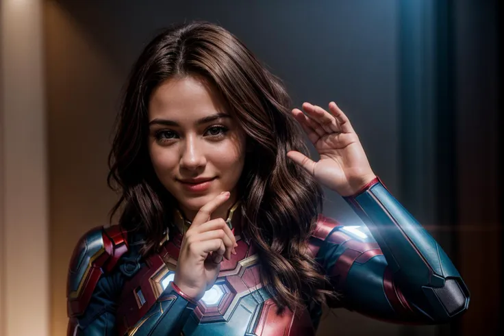 marvel movies,photo of a 18 year old girl,ironman,clapping hands,happy,ray tracing,detail shadow,shot on fujifilm x-t4,85mm f1.2...