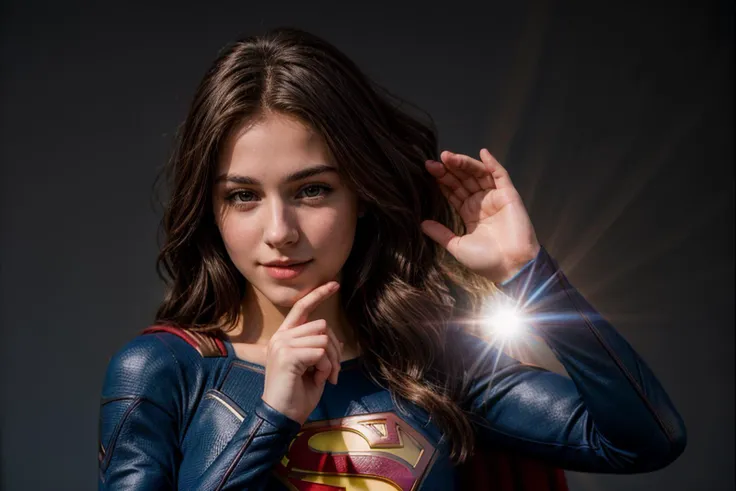 dc movies,photo of a 18 year old girl,supergirl,clapping hands,happy,ray tracing,detail shadow,shot on fujifilm x-t4,85mm f1.2,d...