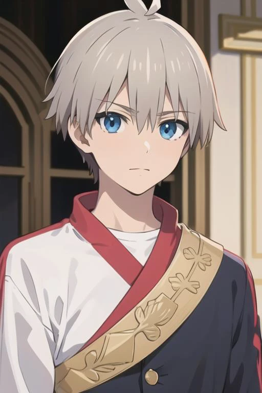 masterpiece, best quality, illustration, 1boy, solo, male focus, looking at viewer, upper body, , <lora:kiri_uzaki:0.68>, kiri_uzaki, grey hair, blue eyes, , The Palace of Dreams, HD