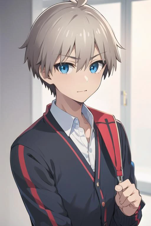 masterpiece, best quality, wallpaper, 1boy, solo, male focus, looking at viewer, , depth of field, <lora:kiri_uzaki:0.66>, kiri_uzaki, grey hair, blue eyes, cardigan, , atompunk, 4k resolution