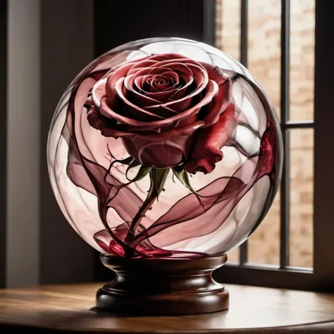 A close up photograph of Rose petals in a translucent sphere  on a wood table with a spotlight, dark shadow, deep shadows, contrast, best quality, award winning composition, background stained glass window <lora:Gloom-step00000900:.4>