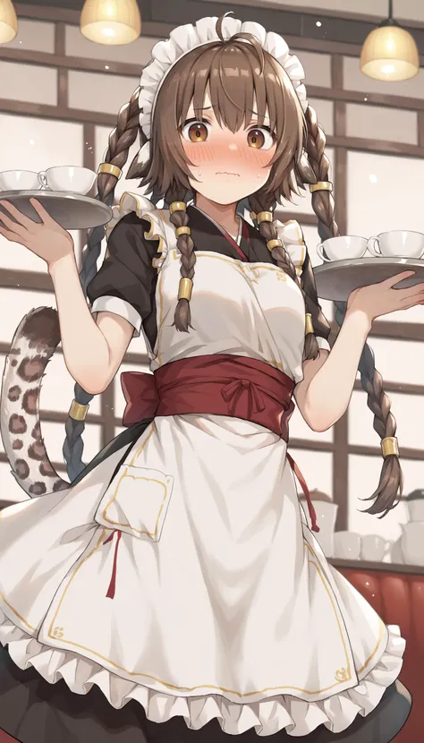 score_9, score_8_up, score_7_up, source_anime, 
BREAK <lora:[P]Anju_v1:0.75>, brown hair, quad braids, animal ears, hair tubes, brown eyes, maid headdress, maid uniform, black dress, white apron, frills, red sash, short sleeves, leopard tail, indoors, cafe...