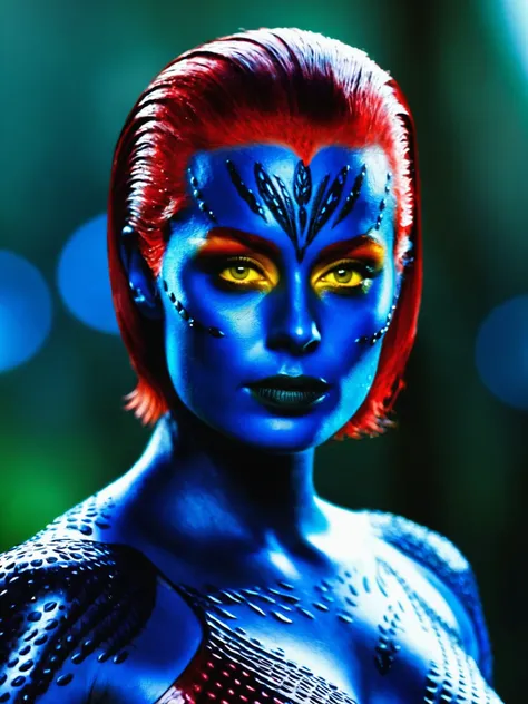 a close up of a woman with blue makeup and red hair